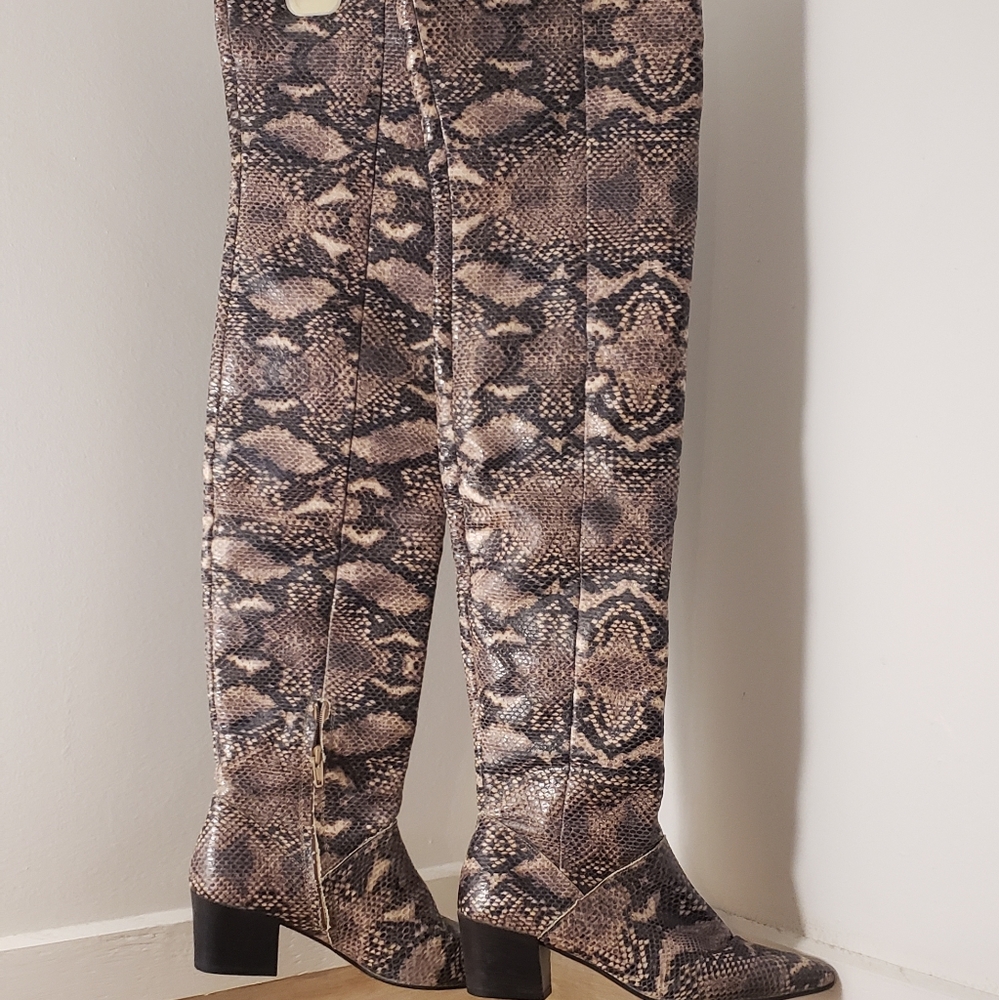 River island block heel thigh knee high slouch snakeskin boots